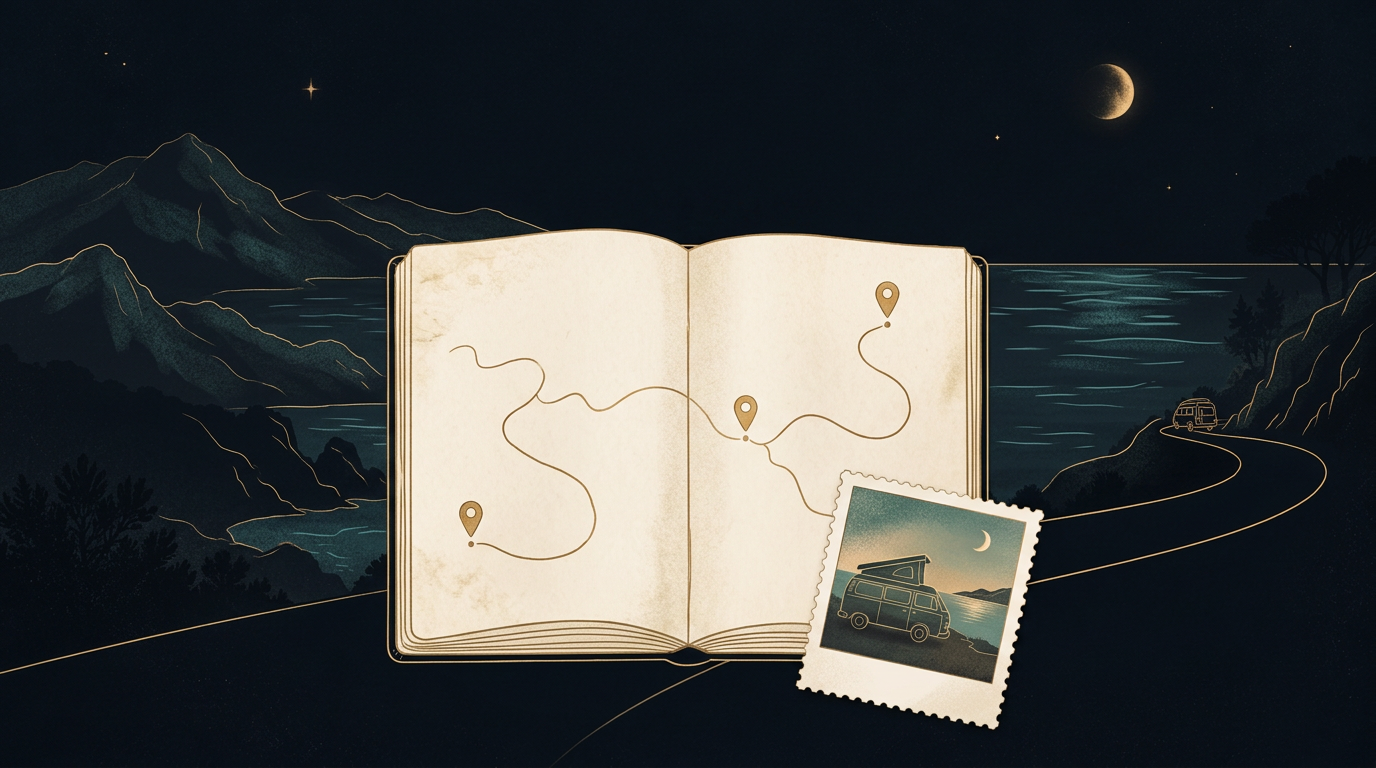 Carnet dessiné aux traits dorés, avec itinéraire et souvenir en van sur une côte nocturne